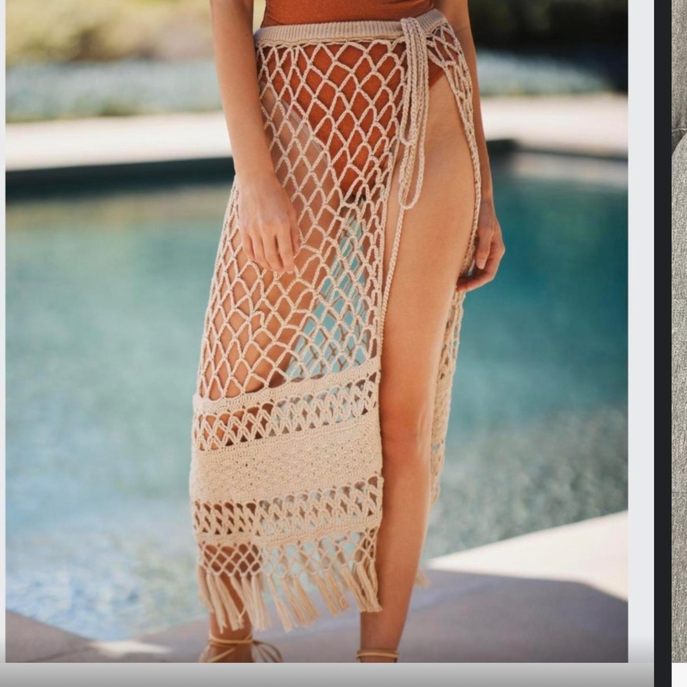 Anthropologie Crochet Net Swim Coverup Skirt in Beige
